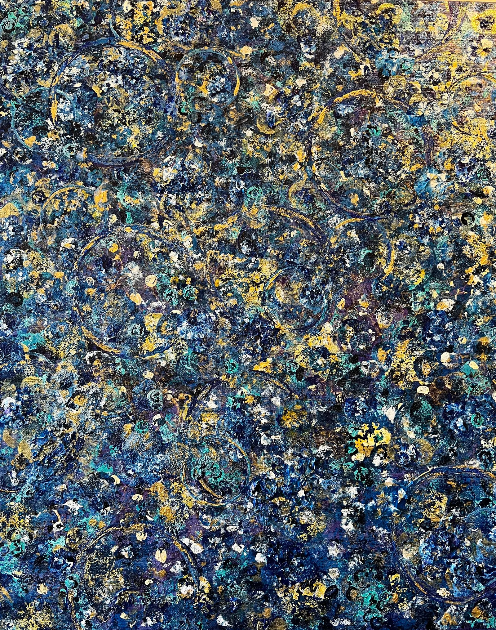 Close-up view of the layered blue, turquoise, gold, white, and purple textures and circular forms in Beginning.