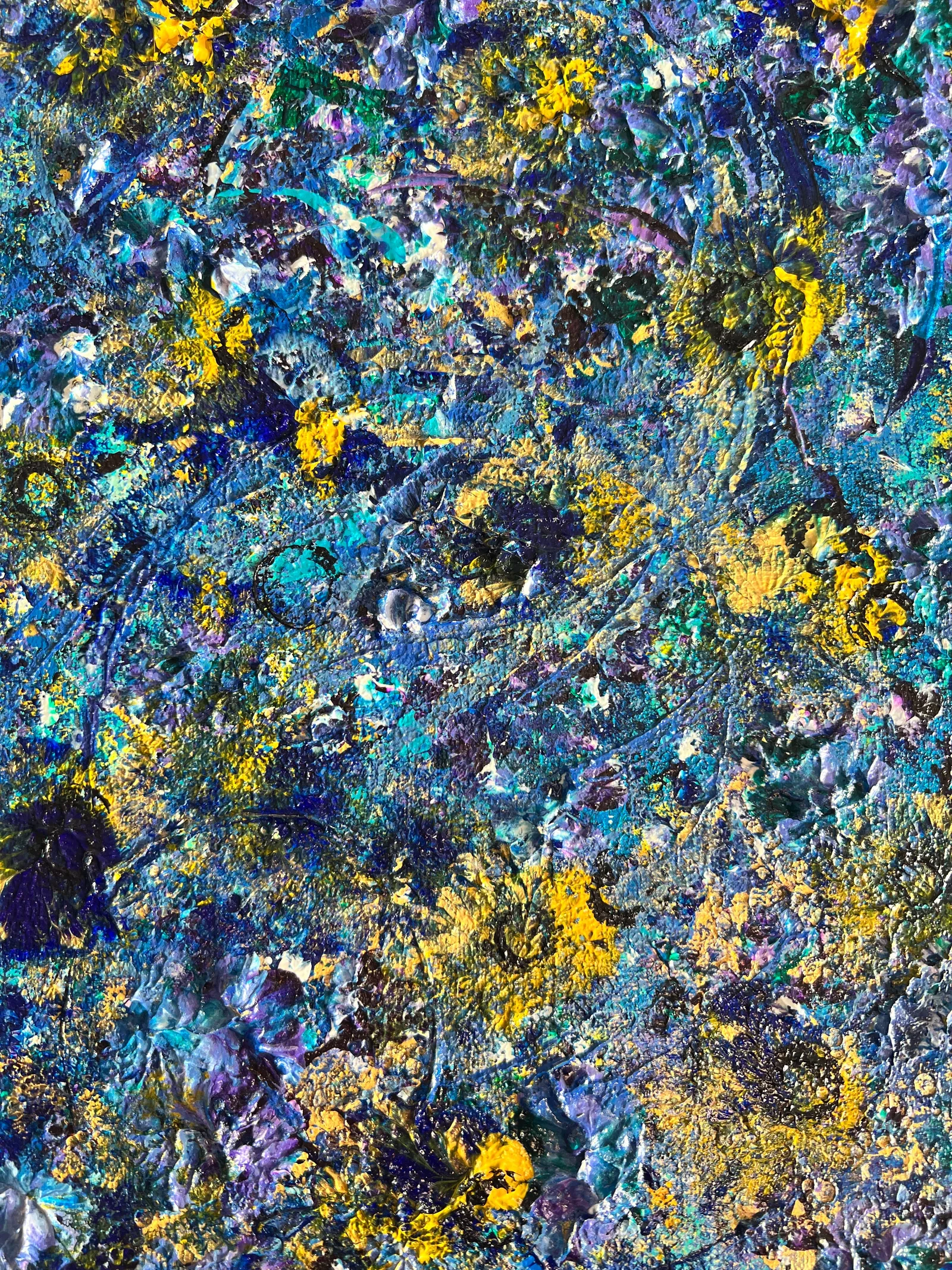 Close-up of the layered blue and violet paint and sunflower-yellow accents in Beginning - Sunflower Edition.