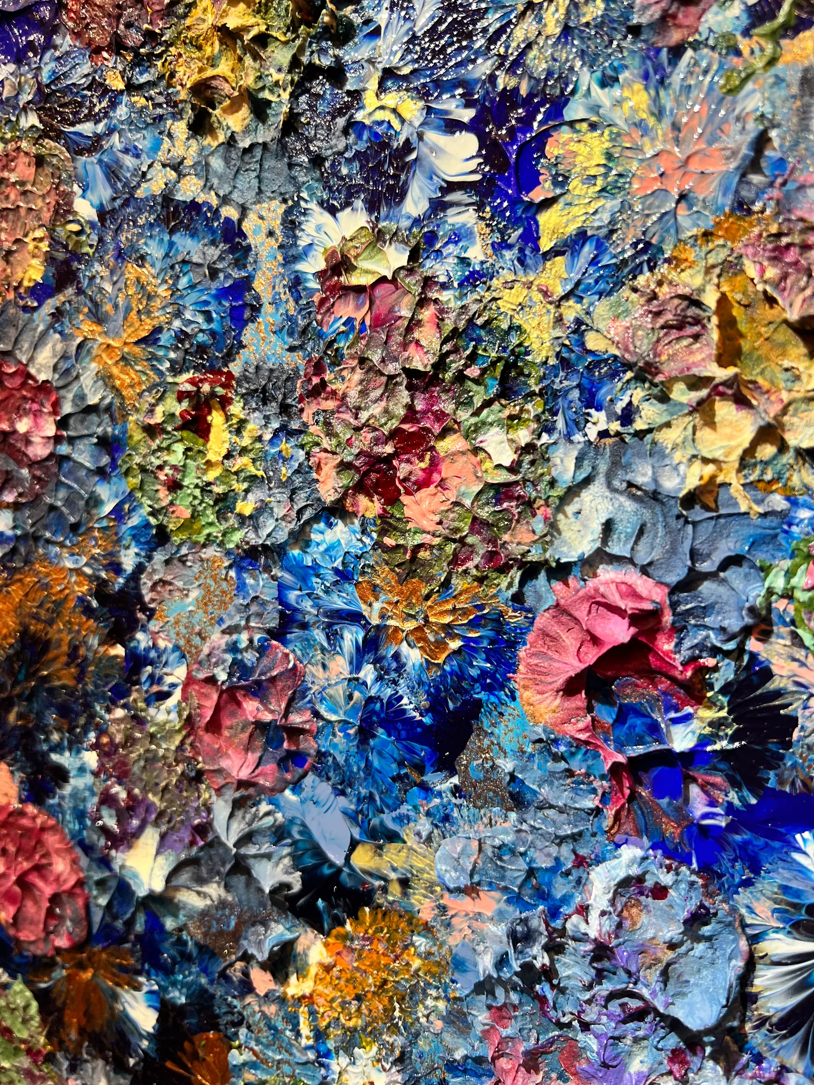 Close-up of the raised blue, pink and gold paint textures in Bloom Where You Are Planted.