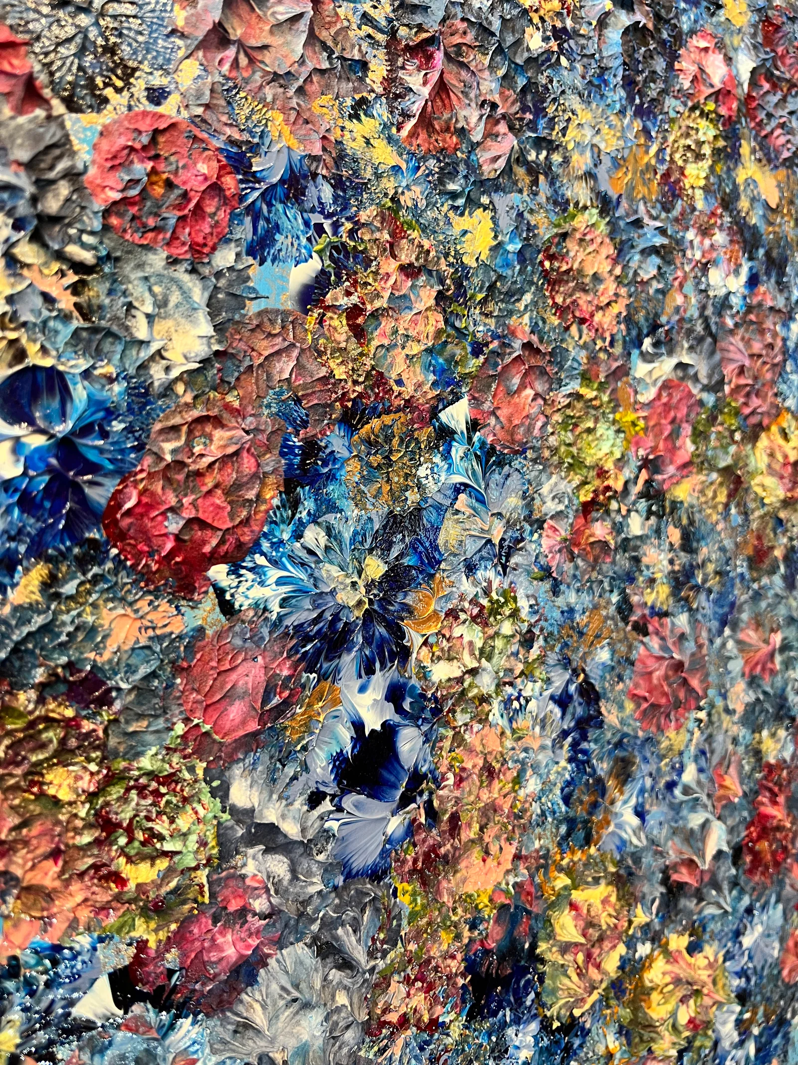 Angled close-up of the layered blue and pink paint and gold highlights in Bloom Where You Are Planted.
