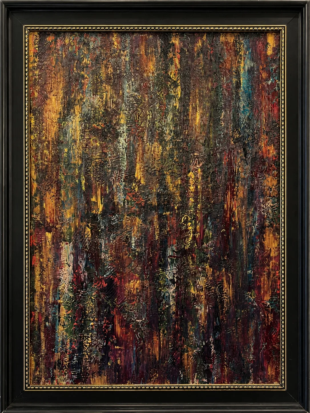 Embers Through the Rain, a richly textured burgundy, gold, teal, and coral abstract painting in a black-and-gold frame.