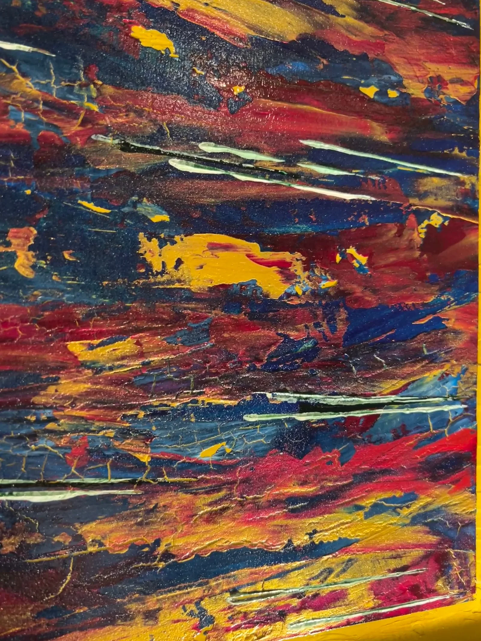 Close-up view of the layered red, blue, gold, and pale green textures in Fractured Horizons.