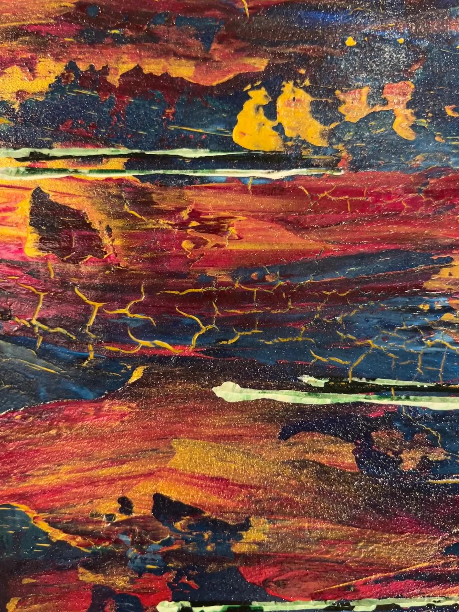 Close-up view showing the crackled gold lines and sweeping bands of color in Fractured Horizons.