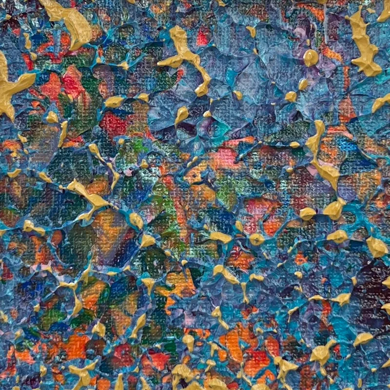 A close-up of richly textured KNH abstract artwork in blue, teal, coral, green, and gold.