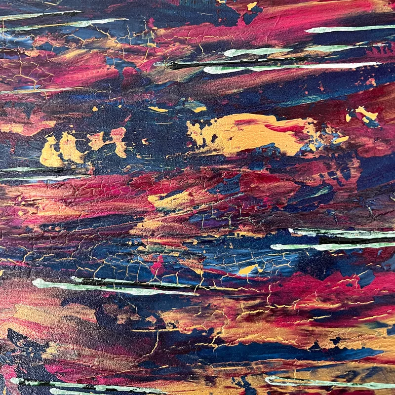 A close-up of textured KNH abstract artwork with burgundy, navy, gold, and pale mint strokes.