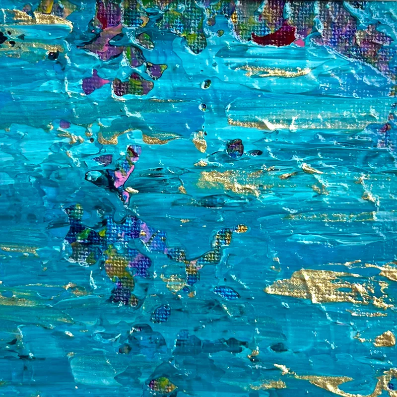 A close-up of textured KNH abstract artwork in bright turquoise with gold, purple, pink, and green details.
