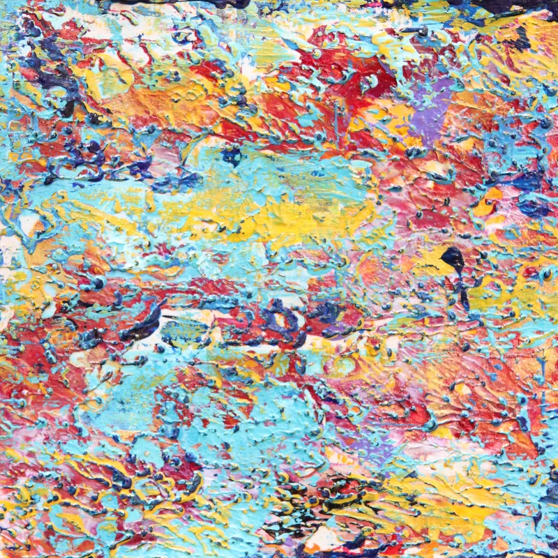 A close-up of textured KNH abstract artwork in turquoise, coral, yellow, pink, and navy.