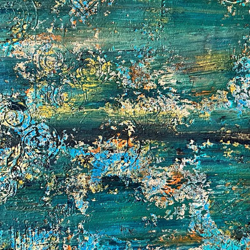 A close-up of richly textured KNH abstract artwork in deep teal, turquoise, blue, ivory, and orange.