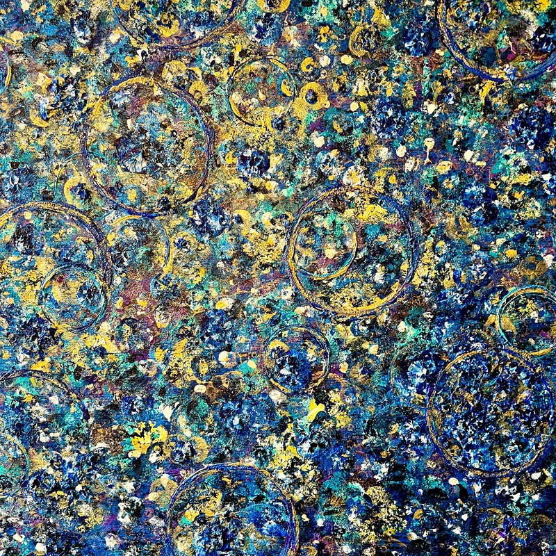 A close-up of richly textured KNH abstract artwork with gold circles, teal, blue, cream, and purple.