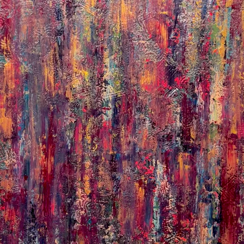 A close-up of richly textured KNH abstract artwork in burgundy, purple, gold, teal, and red.