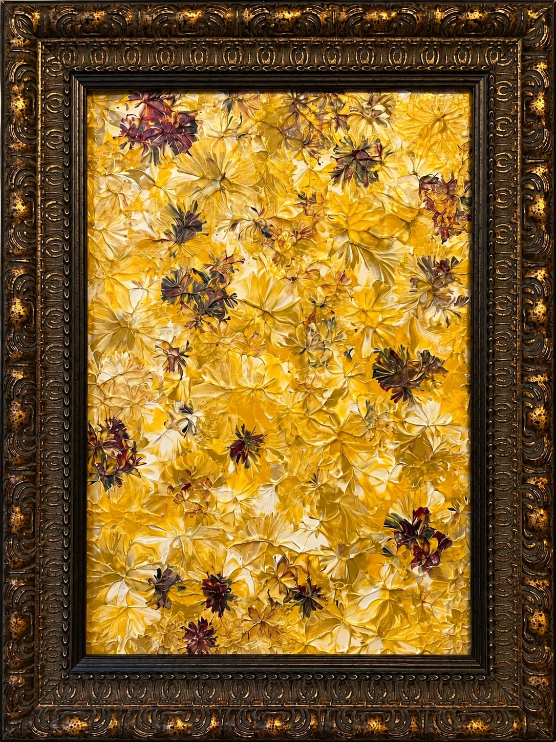 Golden Meadows, a richly textured yellow, cream, gold, and purple floral abstract painting in an ornate brown-and-gold frame.