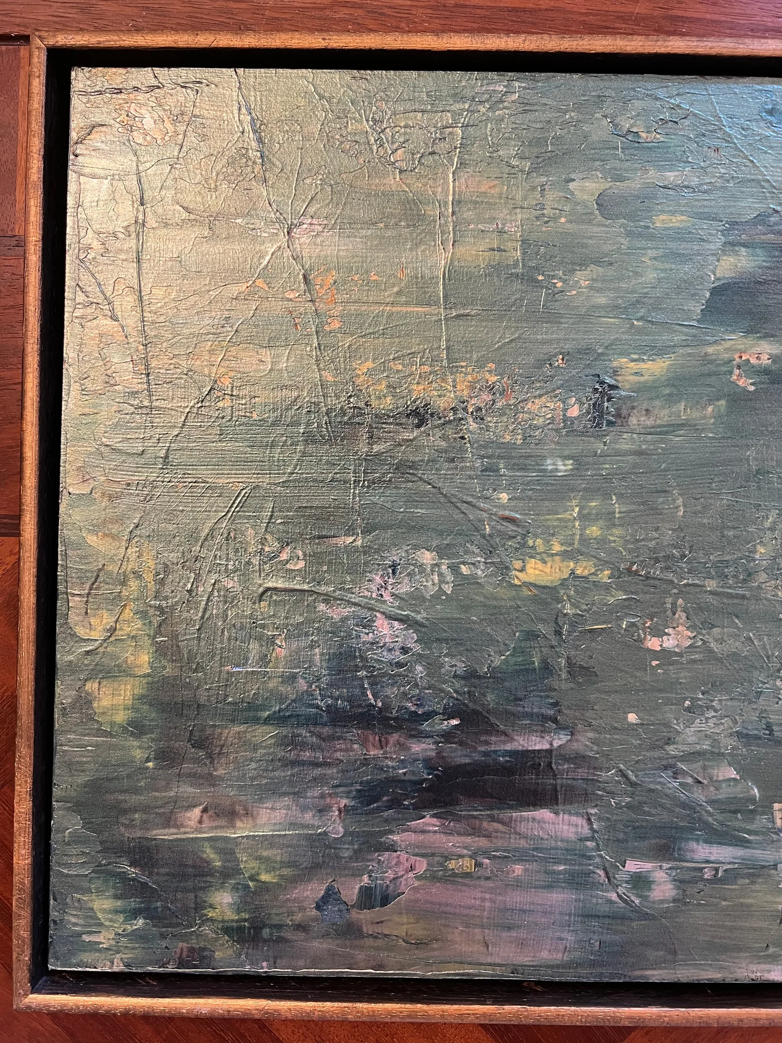 Close-up view of the sage, charcoal, blush, and ochre textures and fine linework in Into the Thick of It.