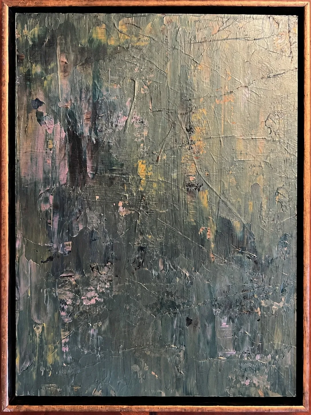 Into the Thick of It, a muted sage, charcoal, blush, cream, and ochre abstract painting in a warm copper-brown frame.