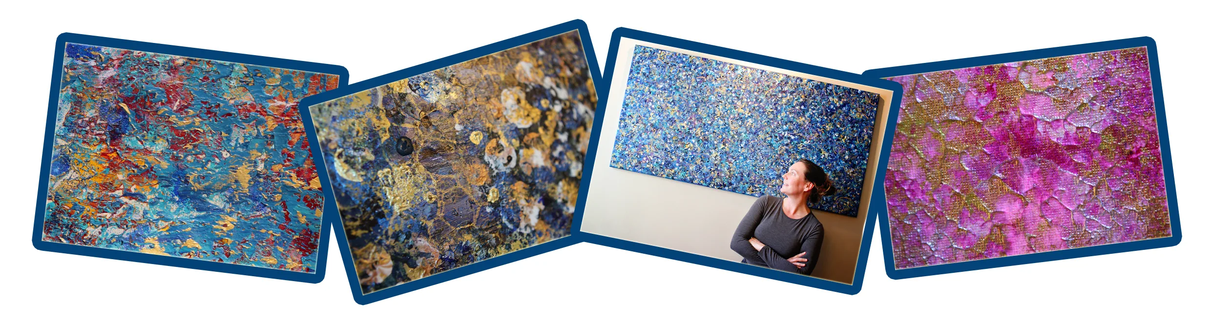 A collage of Kelly with her colorful abstract paintings and close-up artwork details.