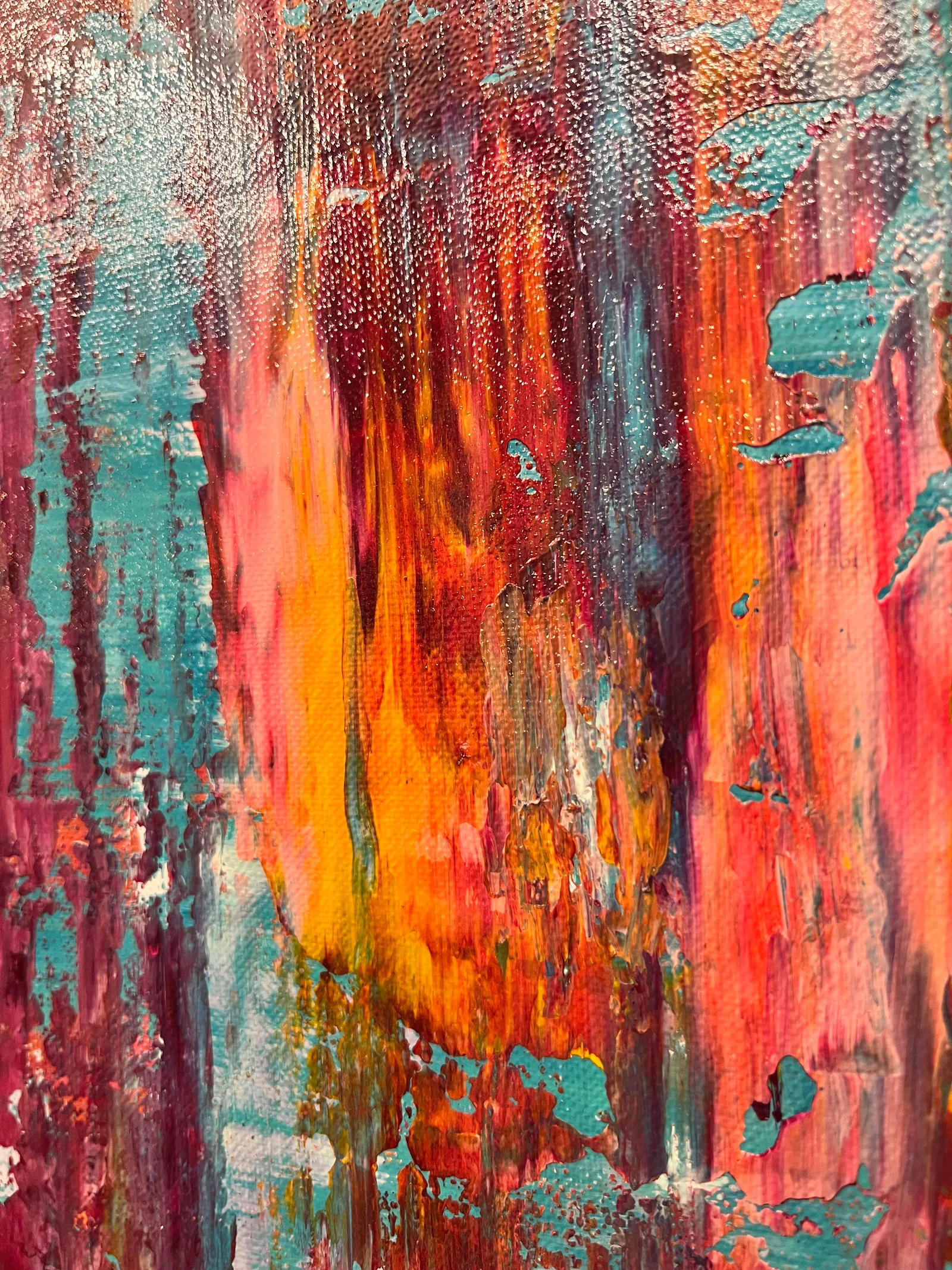 Angled close-up of the raised turquoise, pink and orange paint and visible canvas texture in Malibu.