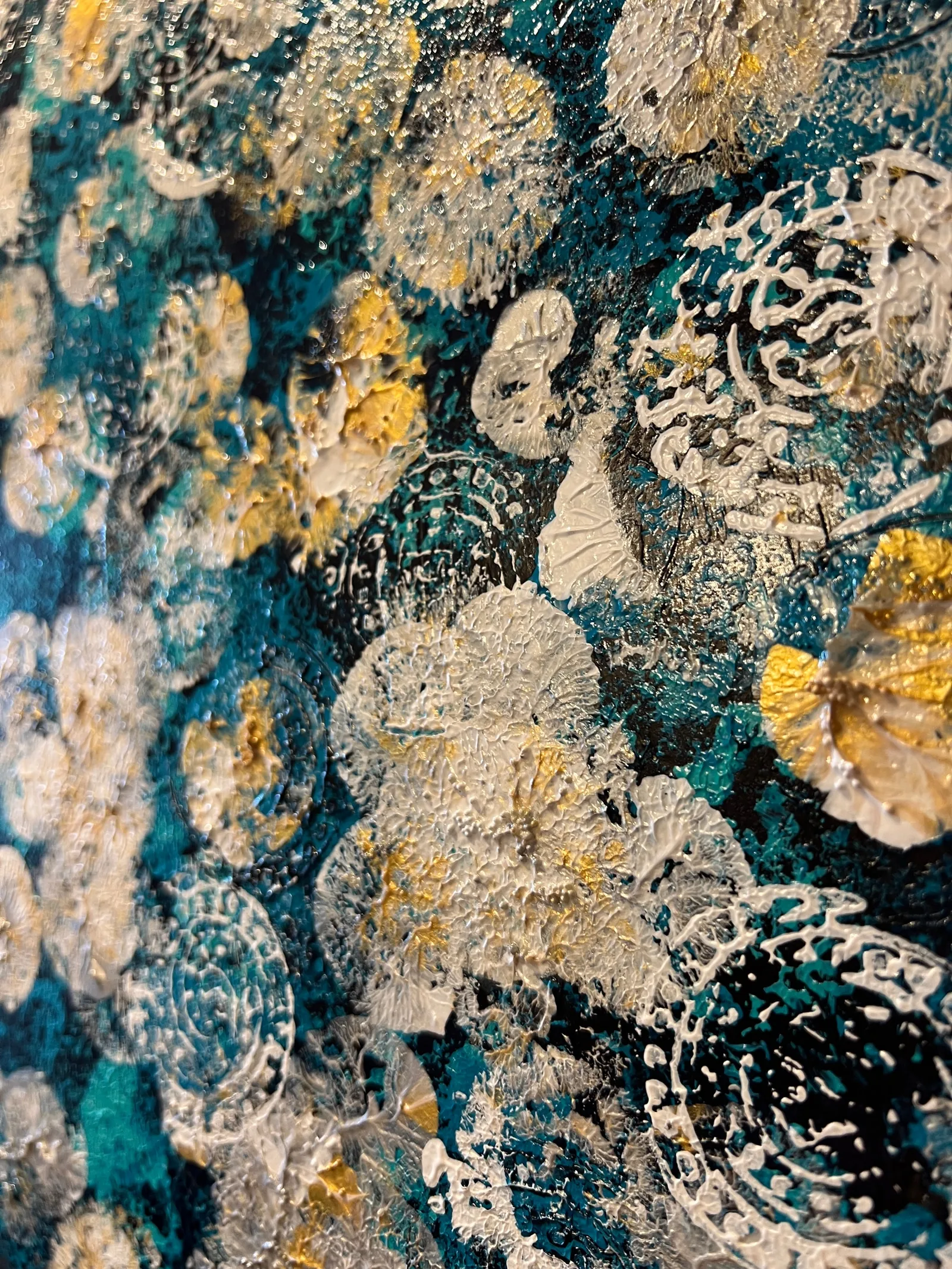 Close-up view of the dimensional turquoise, black, white, silver, and gold textures in Midnight & Magnolias.