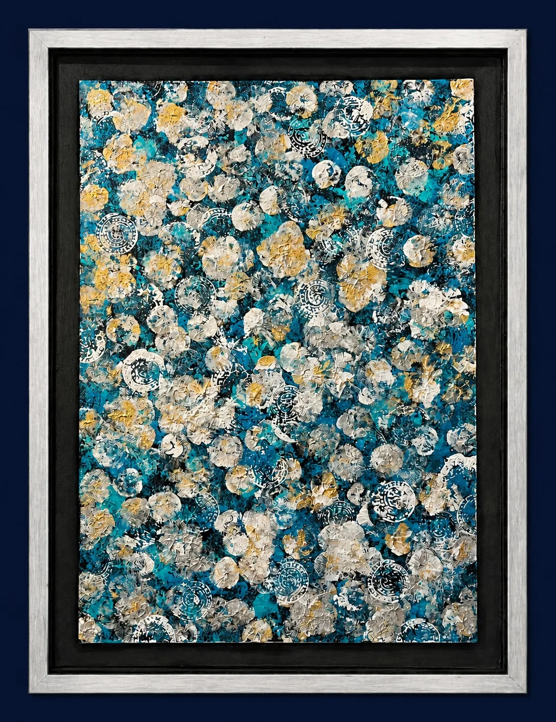 Midnight & Magnolias, a turquoise, teal, black, white, silver, and gold abstract floral painting in a silver frame.