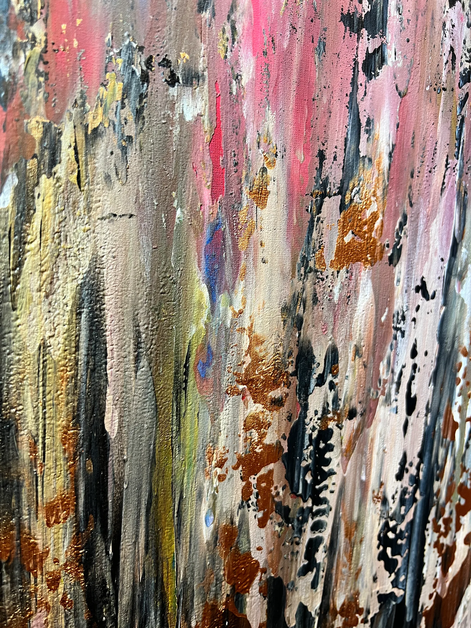 Angled close-up of the layered pink, brown, black and gold paint textures in On Safari.