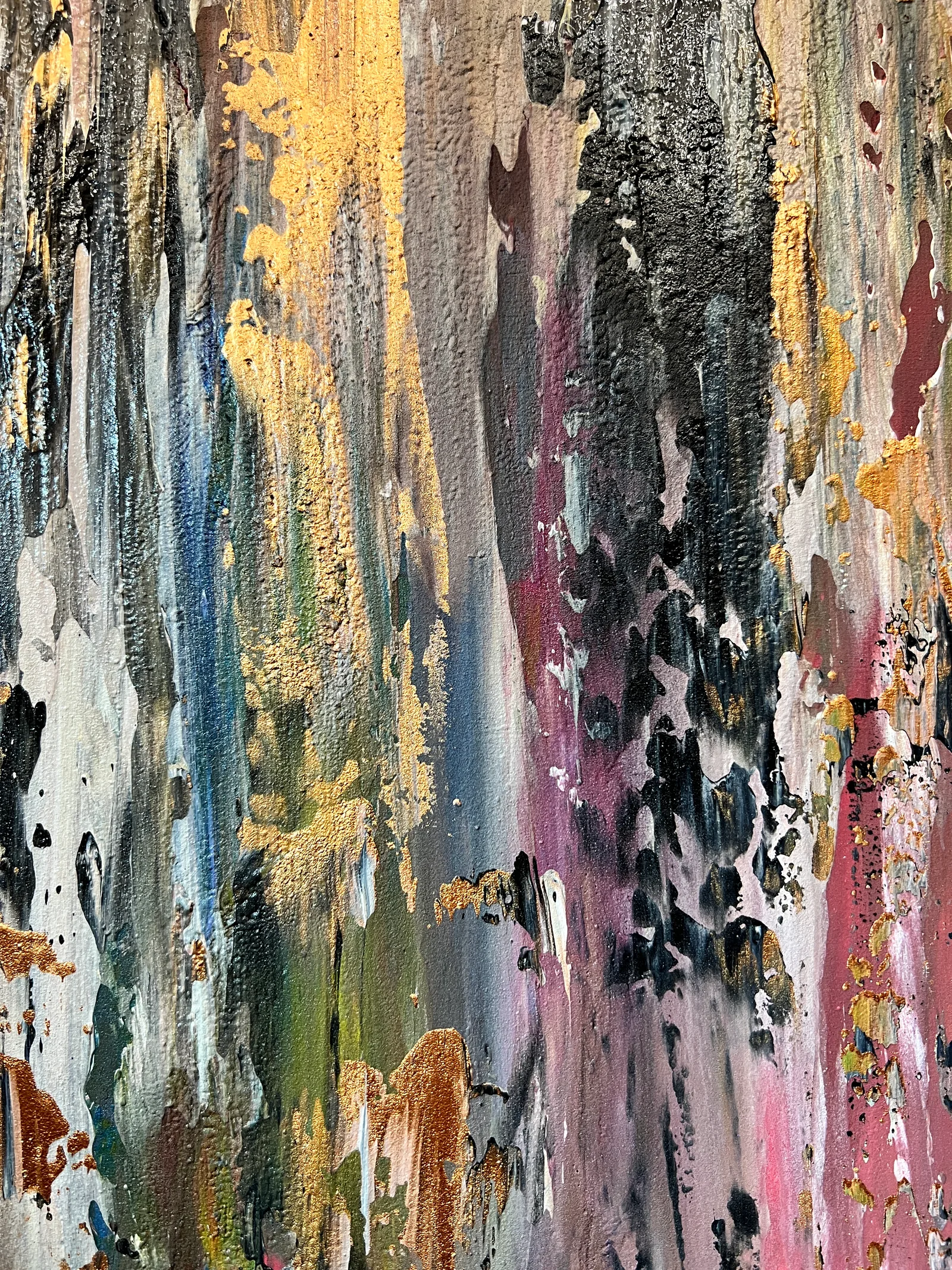 Close-up of the raised black and gold paint and earthy color layers in On Safari.