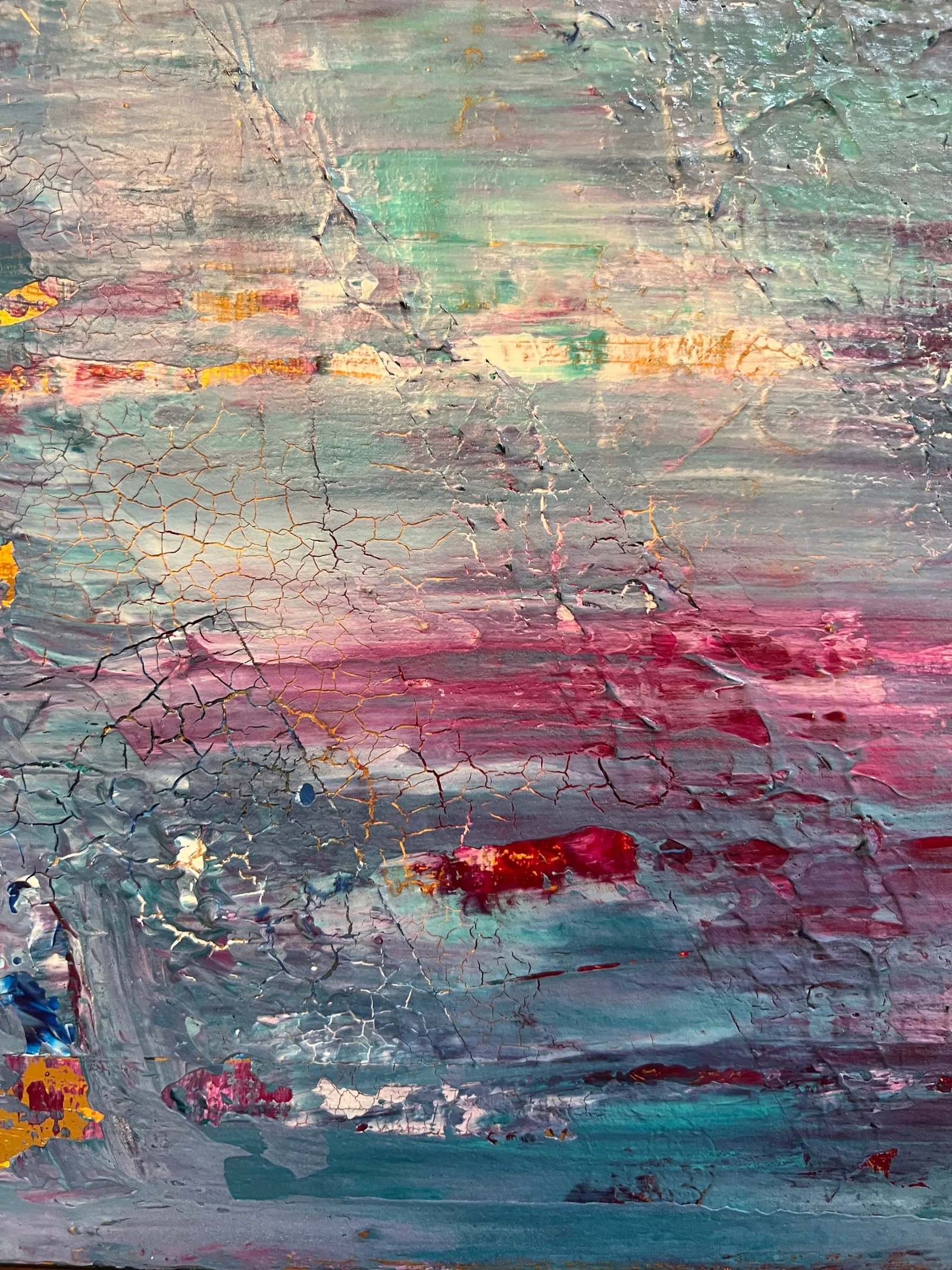 Close-up view of the turquoise, blue-grey, lilac, and magenta layers and crackled texture in Tidal Reflections.