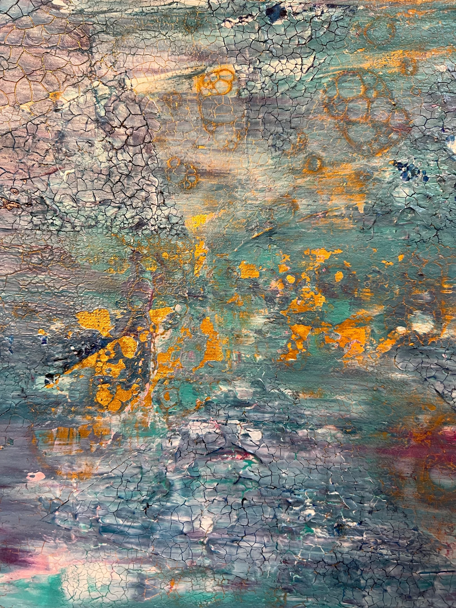 Close-up view of the turquoise, grey, lilac, and gold crackled textures in Tidal Reflections.