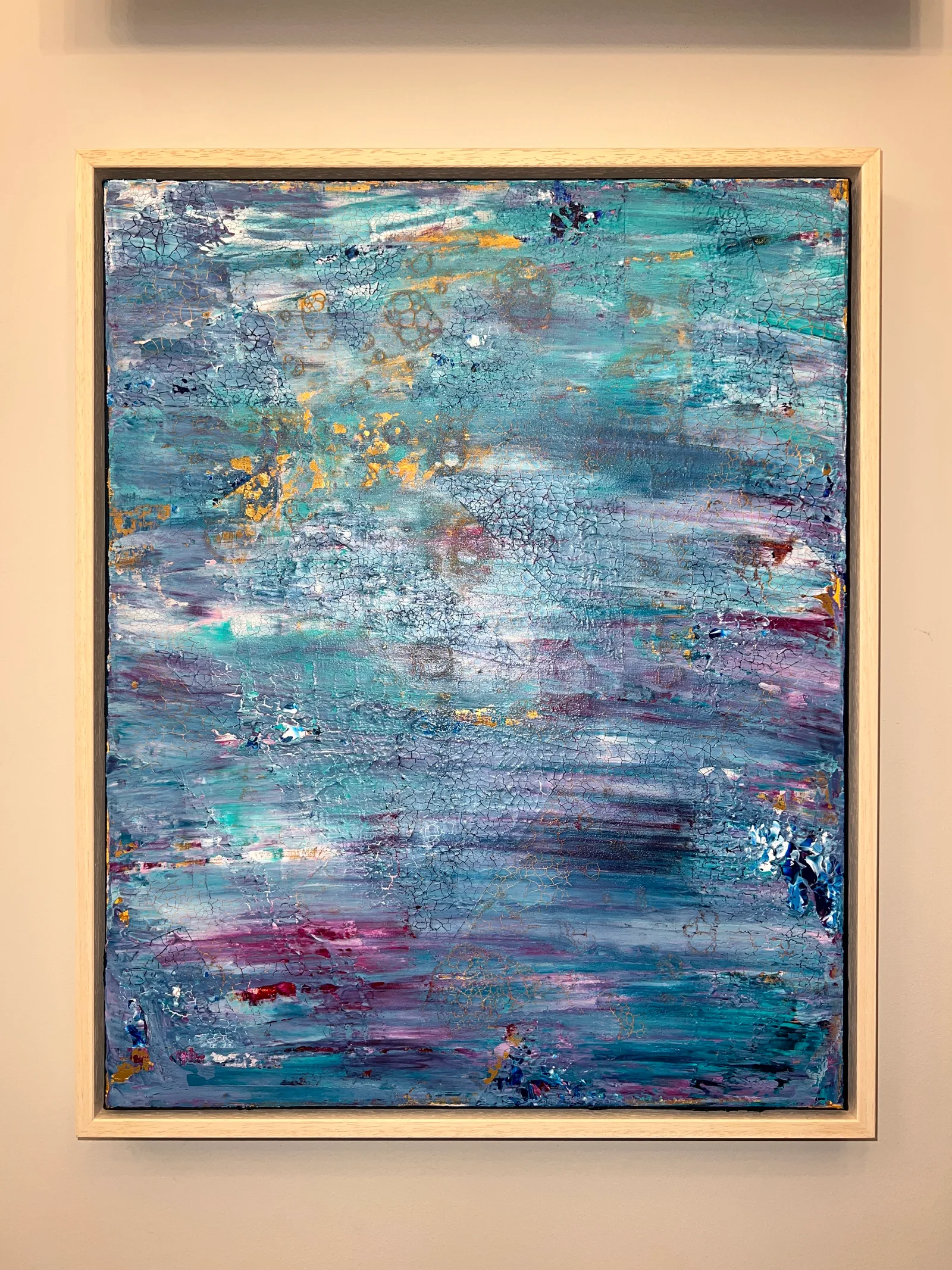 Tidal Reflections, a turquoise and gold abstract painting in a wooden shadowbox frame.