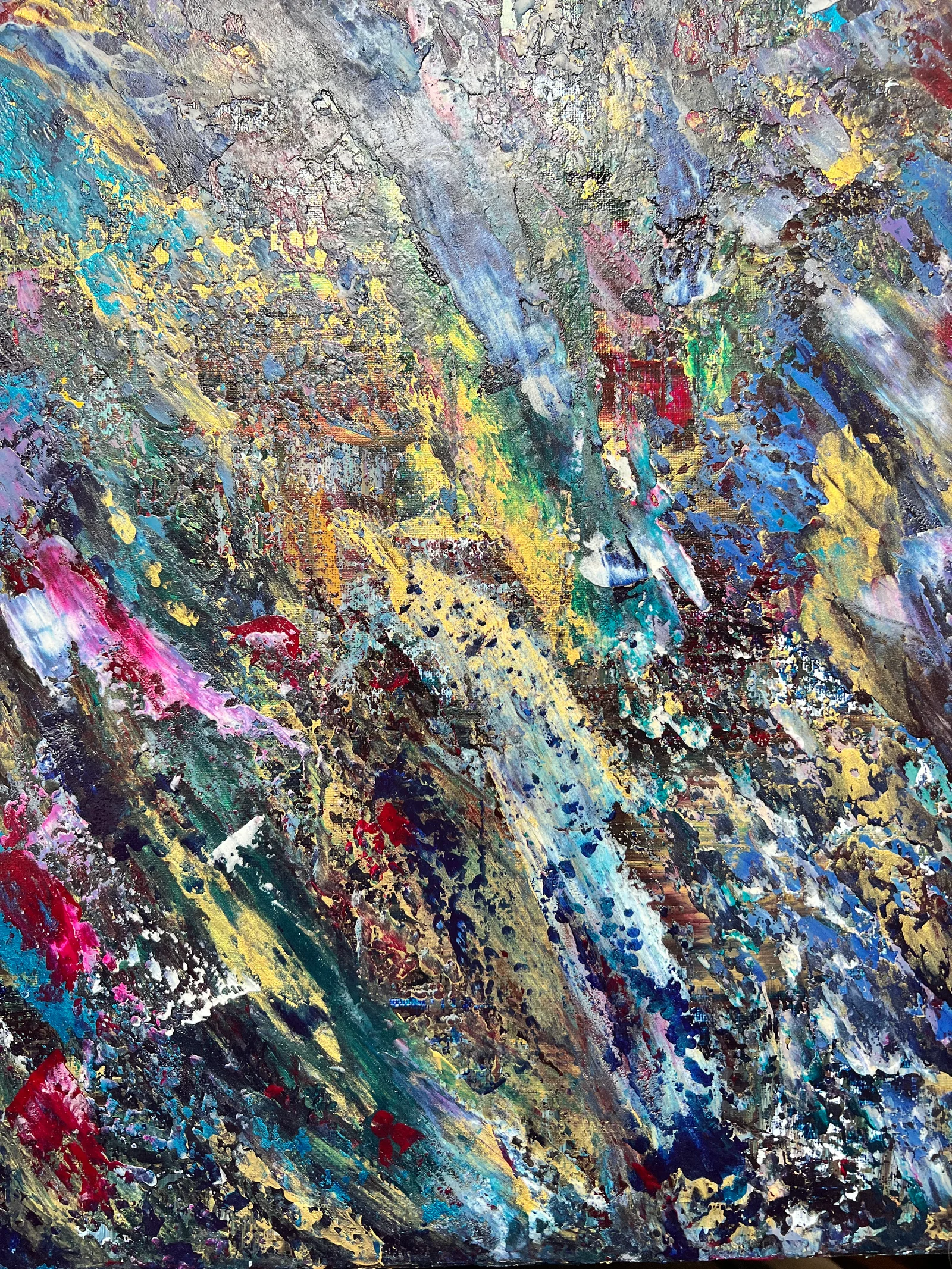 Close-up of the layered turquoise, gold and pink paint textures in Windward.