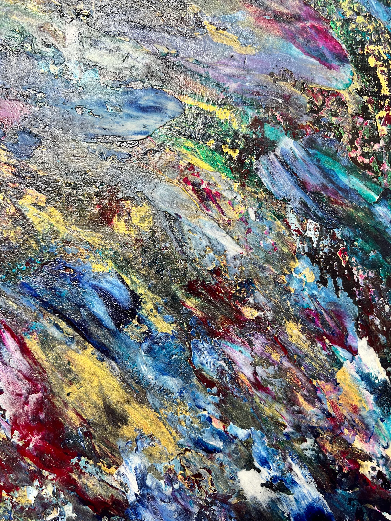 Close-up of the sweeping blue and white strokes and raised paint textures in Windward.